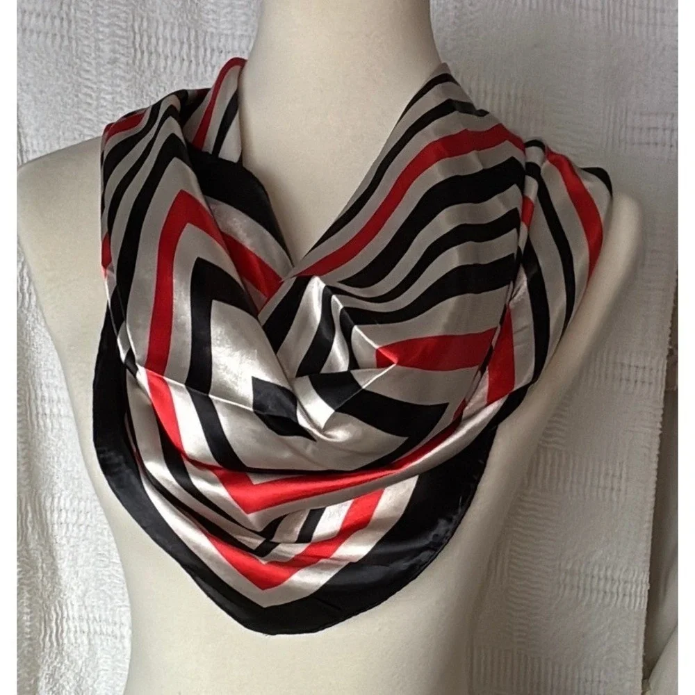 Red Black Cream Geometric Square Satin Scarf‎ 22x22 Modern Graphic Neck Scarf